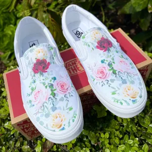 Whimsical Roses on White Slip On Vans Shoes - Men's and Women's Custom Vans Sneakers