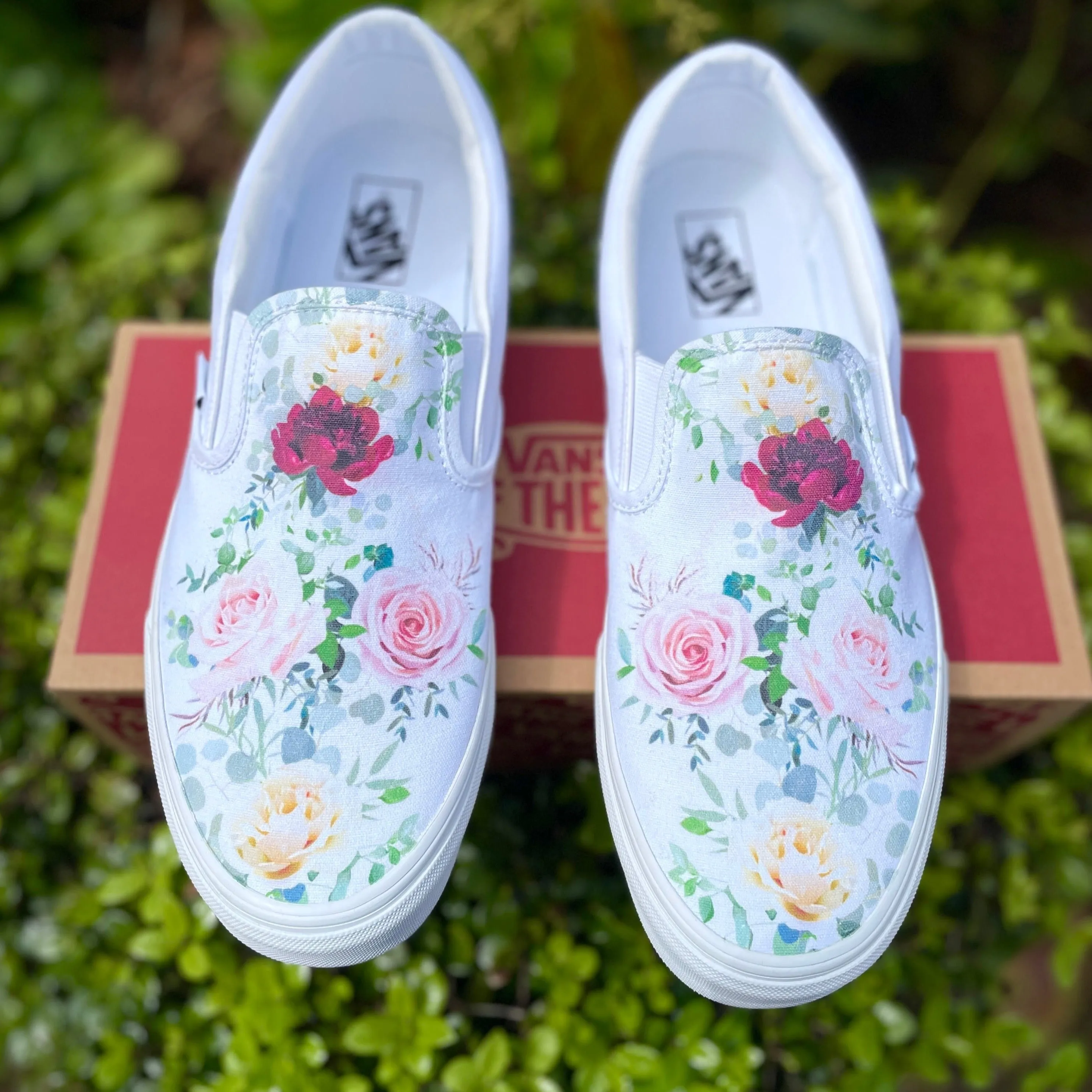 Whimsical Roses on White Slip On Vans Shoes - Men's and Women's Custom Vans Sneakers