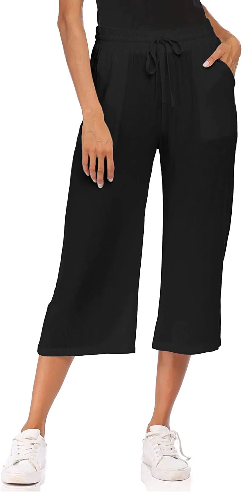 Wildtrest Women's Drawstring Cropped Wide Leg Pants Casual Loose Cotton Capri Trouser