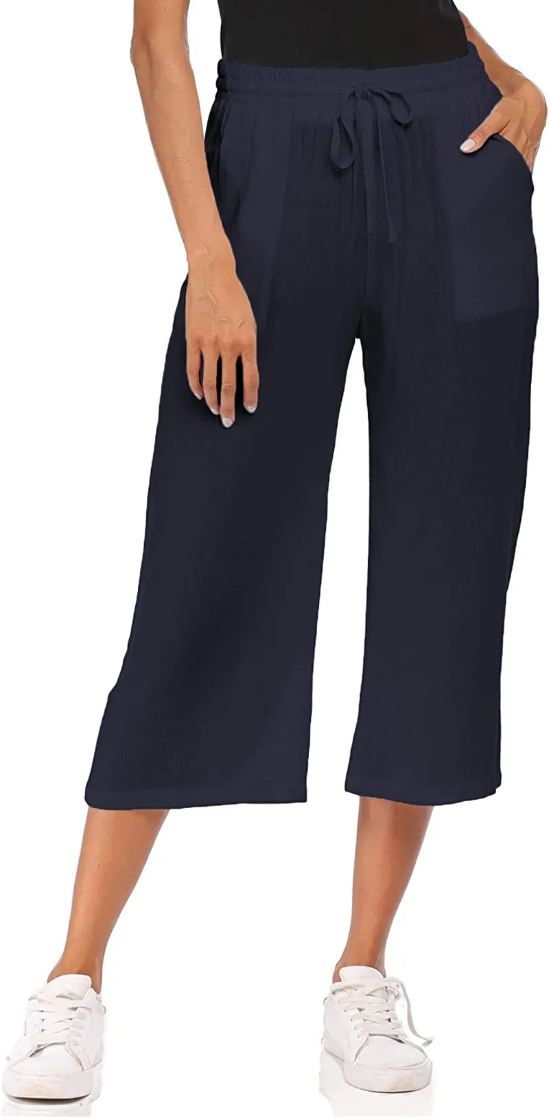 Wildtrest Women's Drawstring Cropped Wide Leg Pants Casual Loose Cotton Capri Trouser