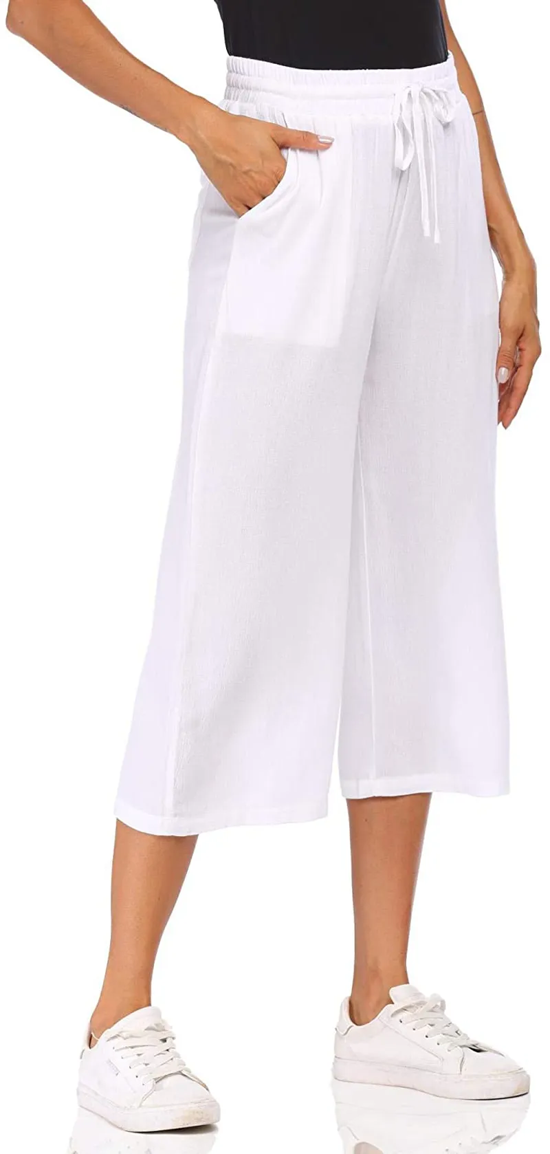 Wildtrest Women's Drawstring Cropped Wide Leg Pants Casual Loose Cotton Capri Trouser