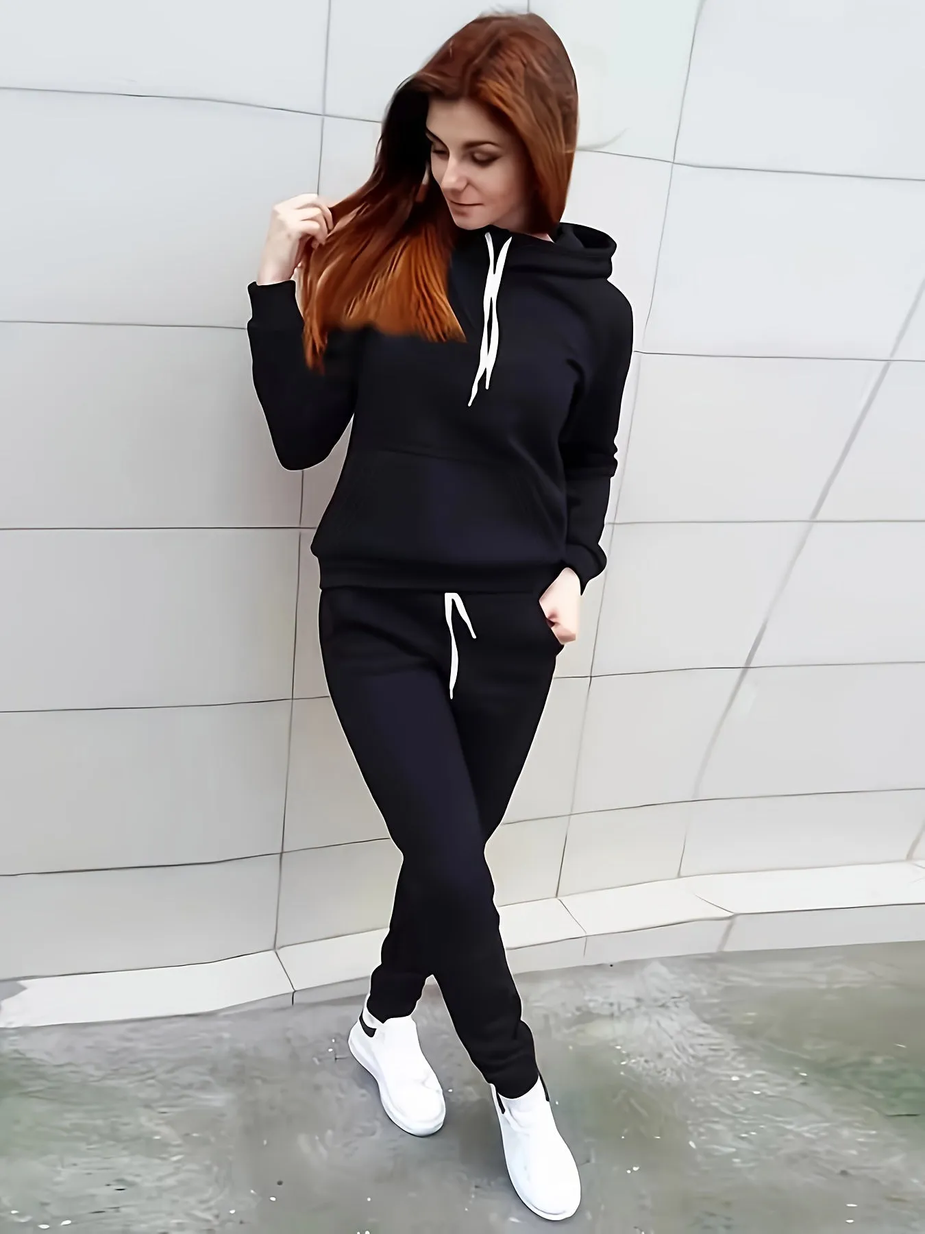 Womens Comfort-fit Solid Color Sporty Pantsuit Outfit - Stylish Hoodie with Drawstring & Kangaroo Pocket, Sleek Jogger Pants for Everyday Athleisure Style