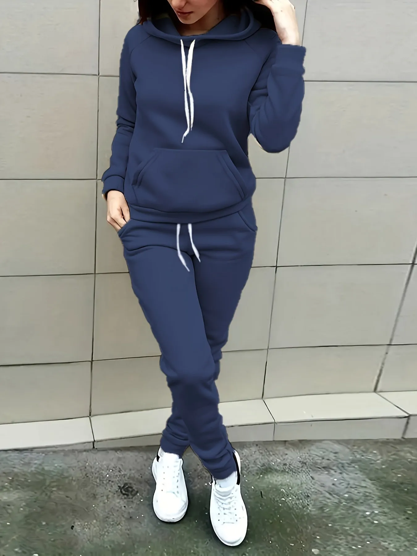 Womens Comfort-fit Solid Color Sporty Pantsuit Outfit - Stylish Hoodie with Drawstring & Kangaroo Pocket, Sleek Jogger Pants for Everyday Athleisure Style