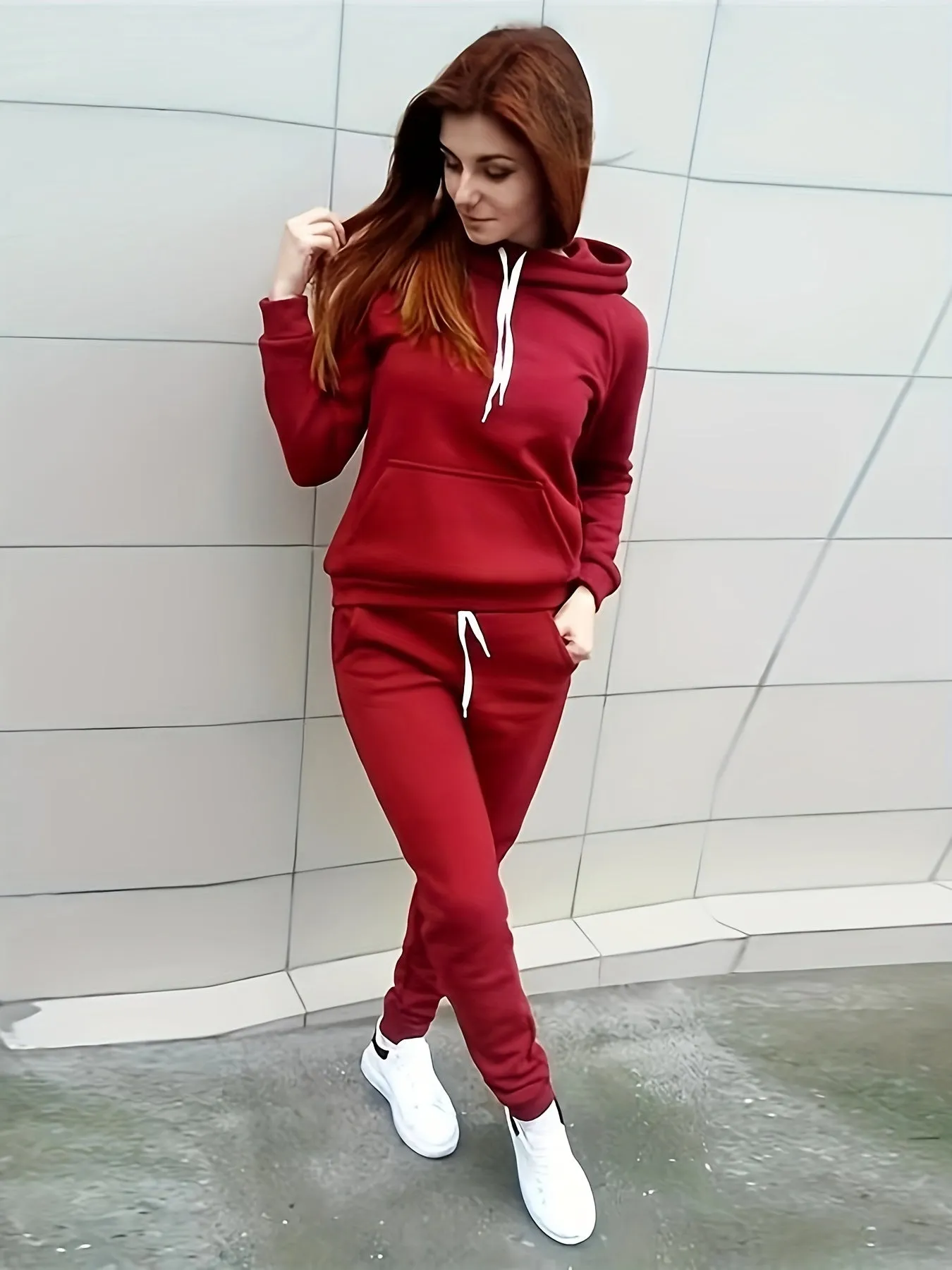 Womens Comfort-fit Solid Color Sporty Pantsuit Outfit - Stylish Hoodie with Drawstring & Kangaroo Pocket, Sleek Jogger Pants for Everyday Athleisure Style