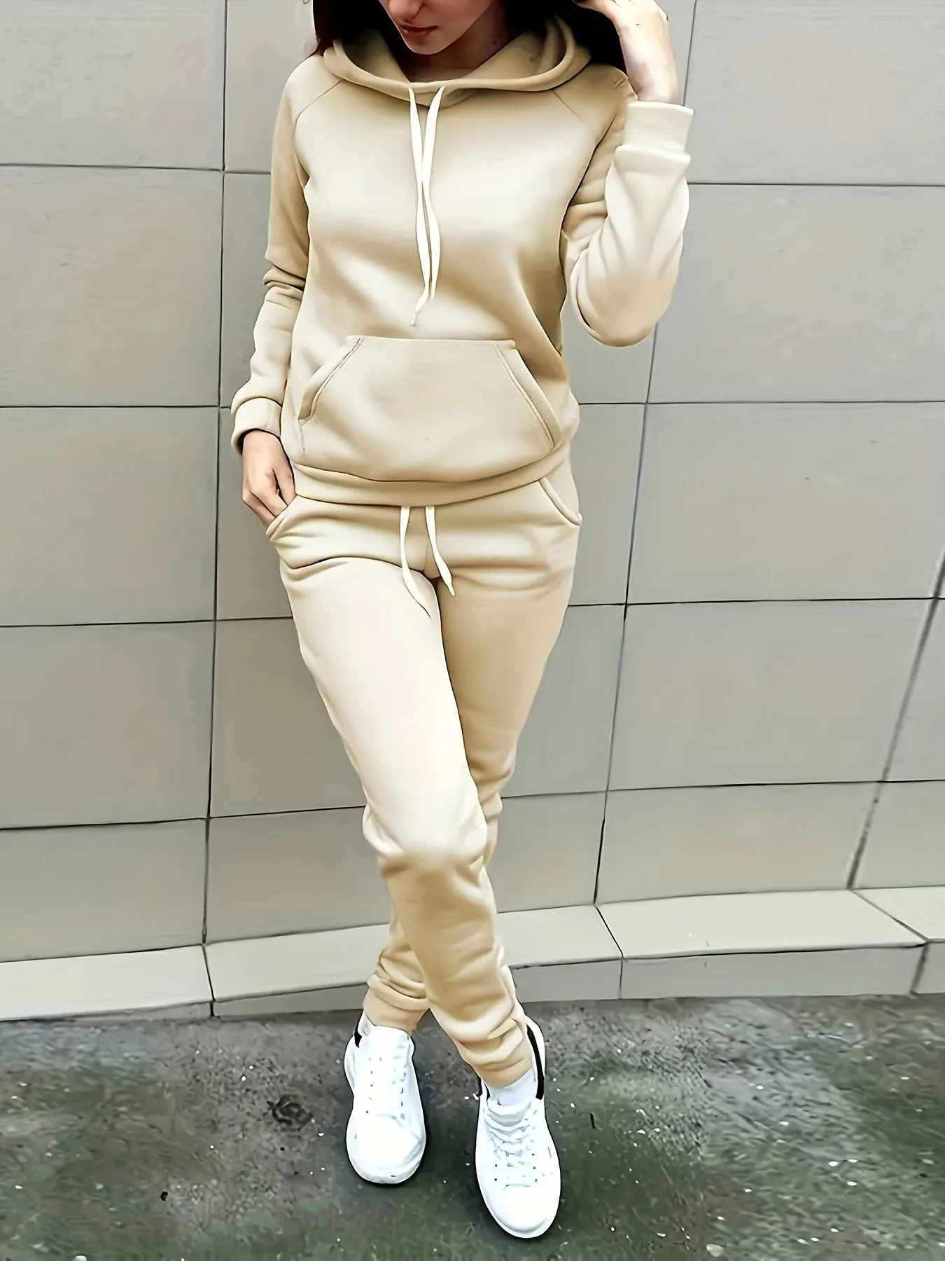 Womens Comfort-fit Solid Color Sporty Pantsuit Outfit - Stylish Hoodie with Drawstring & Kangaroo Pocket, Sleek Jogger Pants for Everyday Athleisure Style