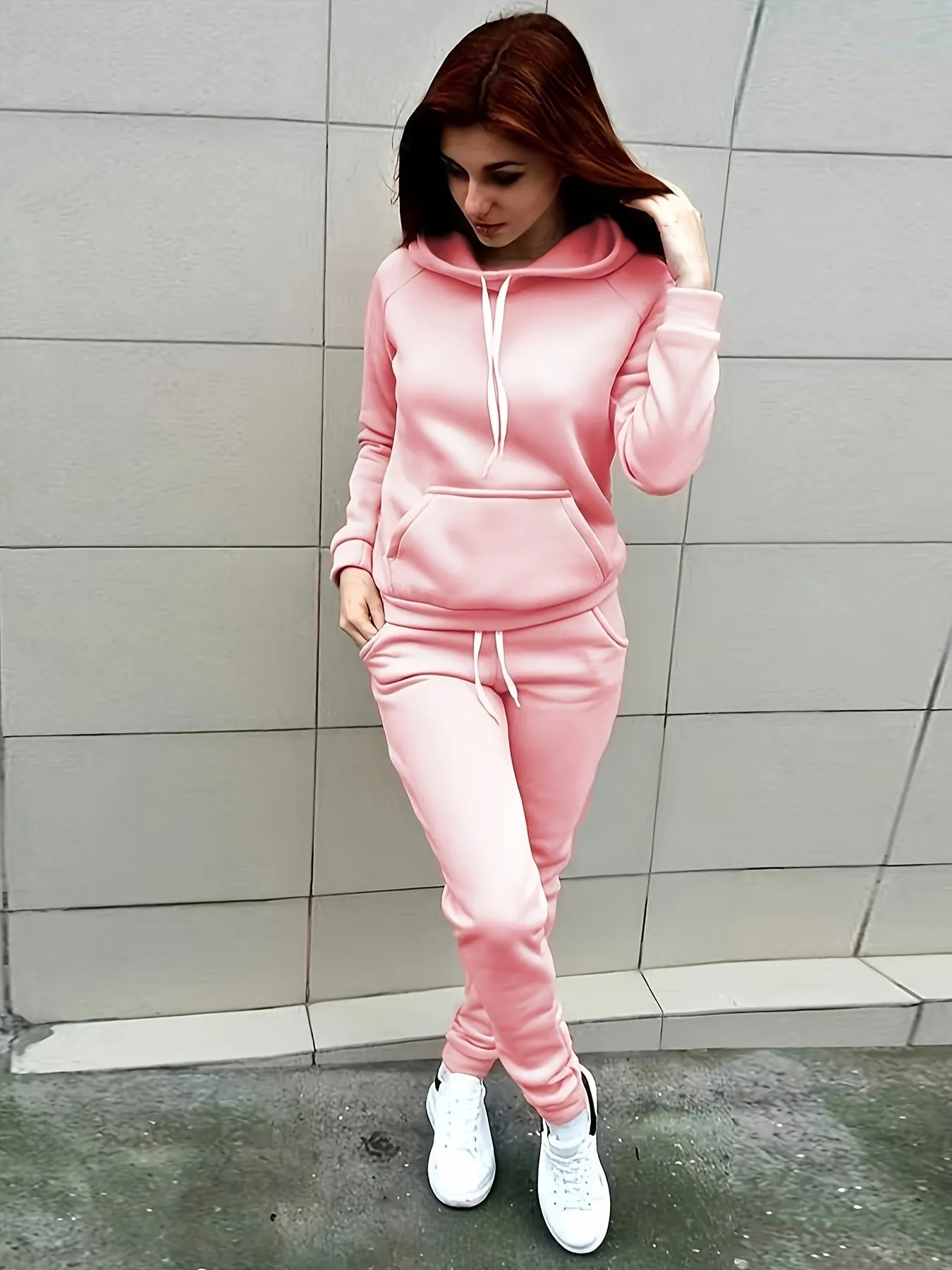 Womens Comfort-fit Solid Color Sporty Pantsuit Outfit - Stylish Hoodie with Drawstring & Kangaroo Pocket, Sleek Jogger Pants for Everyday Athleisure Style